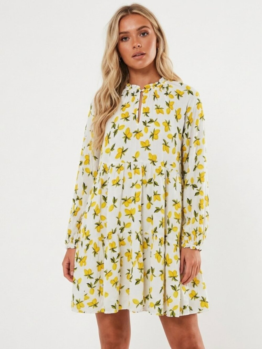Yumi Kim White and Yellow Lemon Print Long Sleeve Mini Dress XS 50573